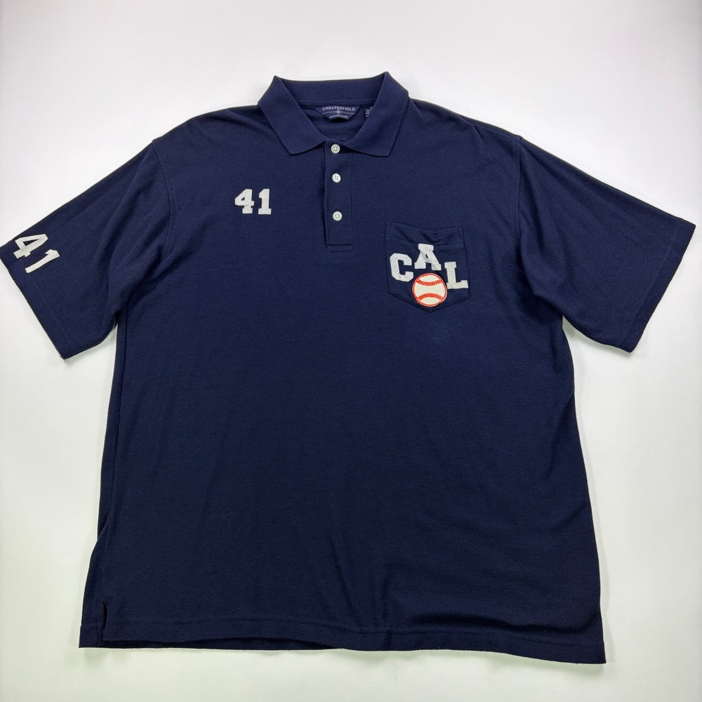 Chesterfield Worldwide CAL Baseball Polo Shirt Mens XL Navy Blue Graphic Vintage